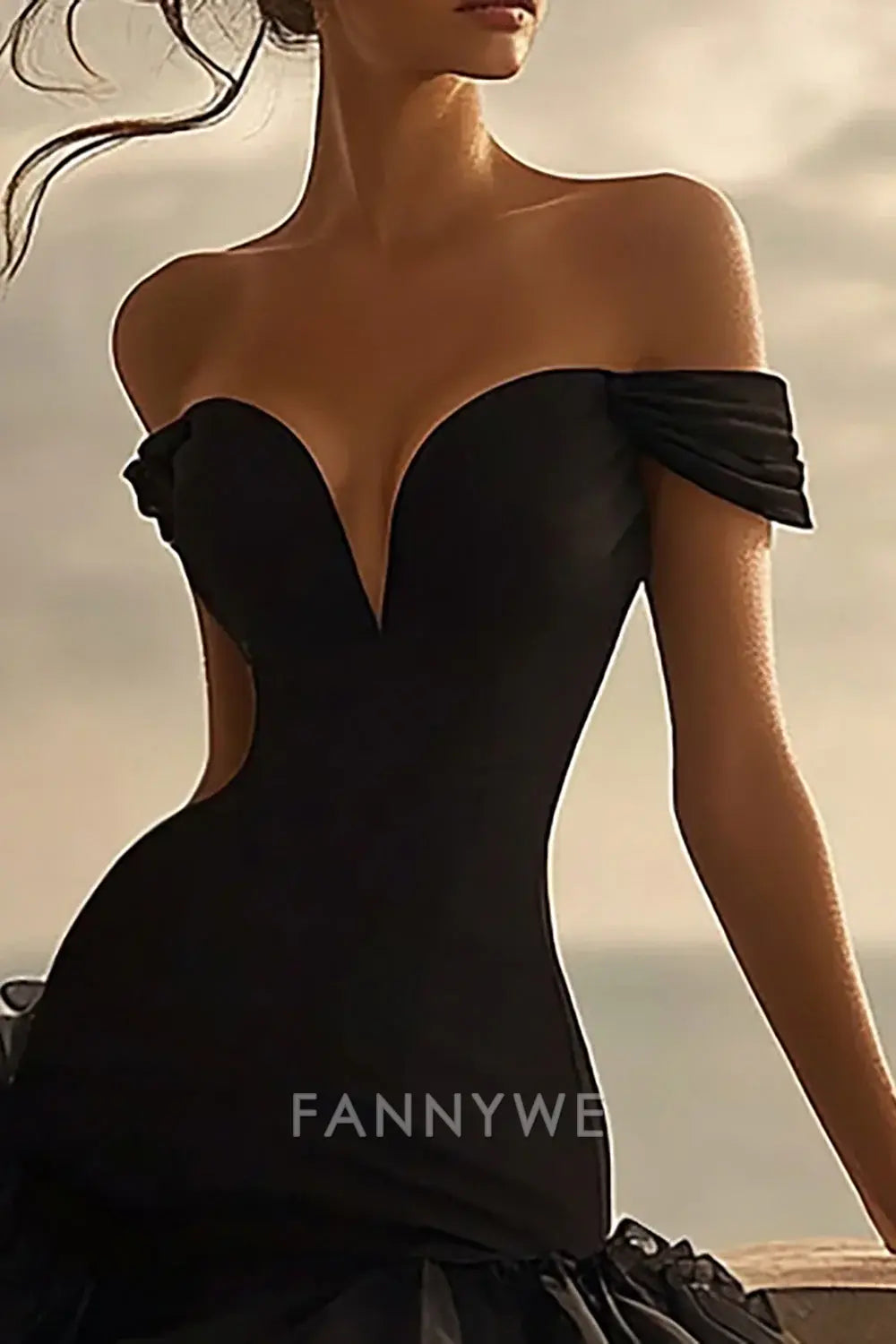 FannyWe Simple Black Off The Shoulder A Line High-Low Cocktail Homecoming Dress with Ruffles